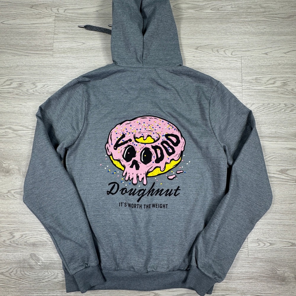 Voodoo Doughnut Men's Zip Up Hoodie Gray‎ XS Graphic Logo It's Worth The Weight